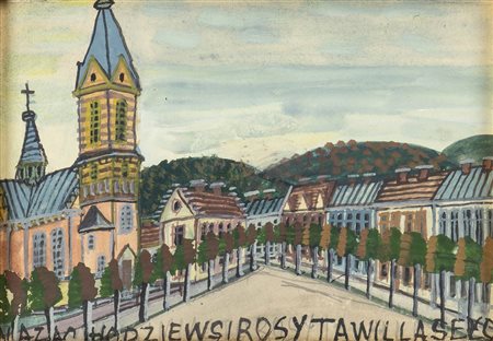 NIKIFOR KRYNICKI (Krynica-Zdrój, 1895 - Folusz, 1968)<br>Chiesa con cortile