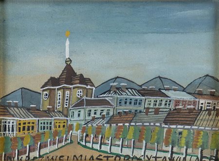 NIKIFOR KRYNICKI (Krynica-Zdrój, 1895 - Folusz, 1968)<br>Chiesa con viale alberato