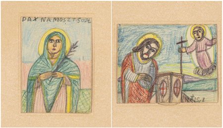 NIKIFOR KRYNICKI (Krynica-Zdrój, 1895 - Folusz, 1968)<br>1. Vergine con ramoscello d'ulivo;<br>2. Mosè riceve le Tavole della Legge