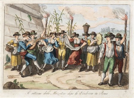 BARTOLOMEO PINELLI (Roma, 1781 - 1835)<br>Ritorno delle mozzatore dopo la vendemmia in Roma, 1815