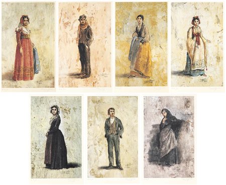 FRANCO ZEFFIRELLI (Firenze, 1923 - Roma, 2019)<br>Sette litografie rappresentanti i Costumi Romani, 1969