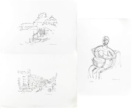 GUIDO BERNARDI (Sezze, 1923 - 1995)<br>Tre litografie: due con vedute di Roma e Venezia e una con figura femmiline