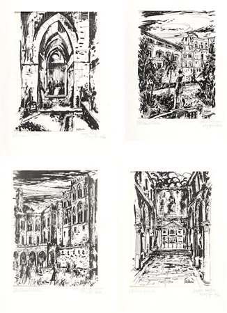SEBASTIANO MILLUZZO (Catania, 1915 - 2011) <br>Quattro litografie con Vedute dei Palazzi siciliani