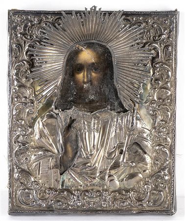 <br>Icona russa con riza in argento raffigurante Cristo  Pantocratore - San Pietroburgo 1853