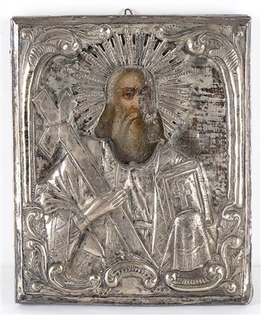 <br>Icona con riza in argento raffigurante S. Andrea - europa settentrionale, XIX secolo