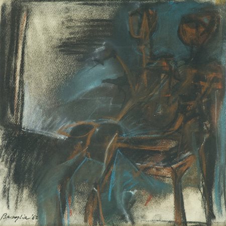 Vittorio Basaglia Uomini e cane, 1962 Pastelli policromi su carta, cm. 35x35...