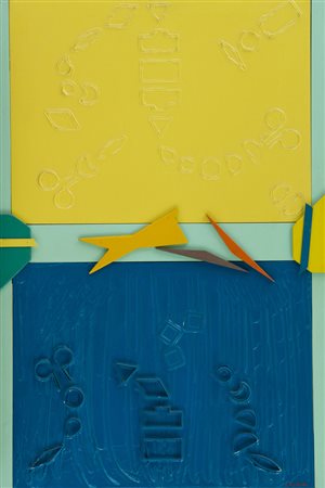 Giancarlo Caldini Palude astratta Olio e assemblaggio su tavola, cm. 66x45...