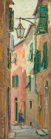 Piero Pastacaldi Scorcio di paese Olio su tavola, cm. 32x13 Firmato in basso...