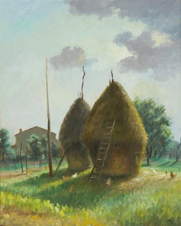 Fausto Magni Galline e pagliai, 1955 Olio su tela, cm. 59x47 Firmato in basso...