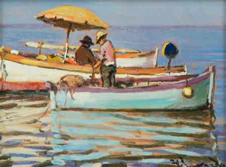 Giorgio Luxardo Barche e pescatori, 1977 Olio su tavola, cm. 15x20 Firmato in...