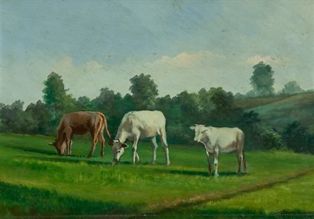 Fausto Magni Mucche al pascolo Olio su tavola, cm. 34,5x50 Firmato in basso a...