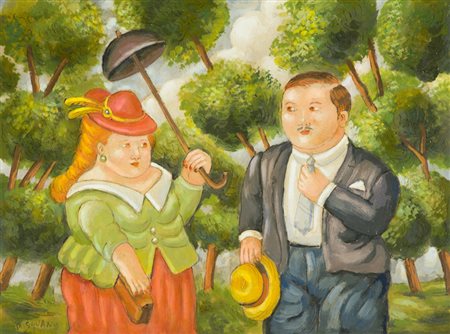 Roberto Sguanci Omaggio a Botero: la coppia nel giardino Olio su cartone...
