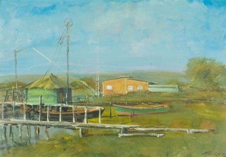 Lorenzo Palazzi Marina di Pisa, Bocca d'Arno Olio su faesite, cm. 50x70...