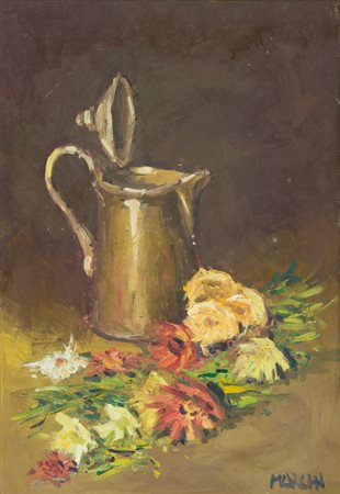 Piero Marchi Fiori e brocca Olio su faesite, cm. 50x35 Firmato in basso a...