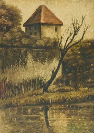 Renato Angelo Vercelli Chateau d'arbois Olio su tavola, cm. 70x50 Firmato in...