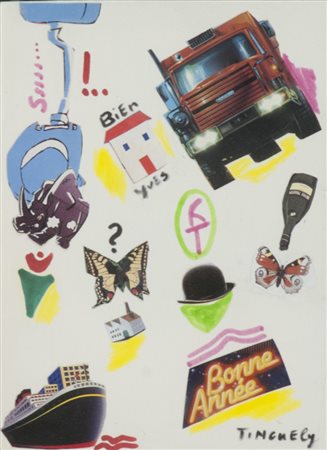 Jean Tinguely Senza titolo Tecnica mista e collage su cartoncino postale, cm....