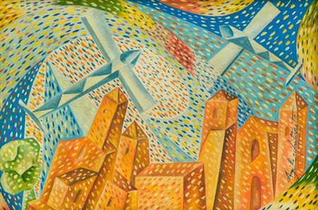 Agibeci Futurista Attacco aereo sullo spazio futurista Olio su tela, cm....