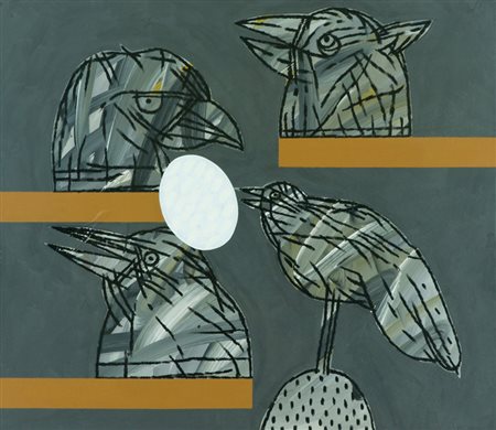 Concetto Pozzati Sentinelle guardiane, 1998 Tecnica mista su tela, cm. 70x80...