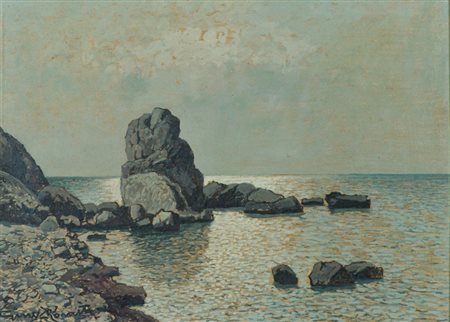 Gino Romiti Scogli Olio su faesite, cm. 30x40 Firmato in basso a sinistra.