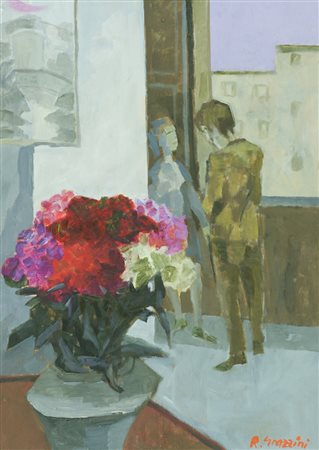 Renzo Grazzini Interno con figure Olio su tavola, cm. 70x50 Firmato in basso...