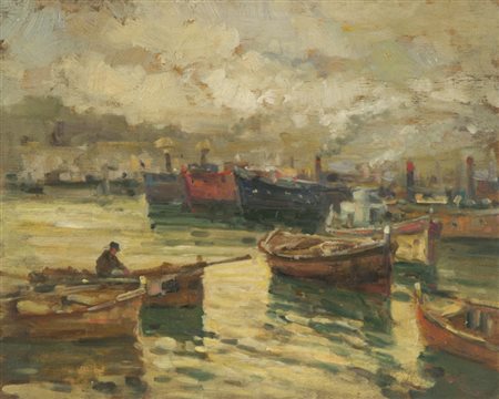 Pratella Attilio (Attribuito) Marina con figura Olio su tavola, cm. 24x30...