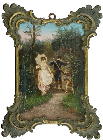 Mariano Fortuny Y Marsal Partenza per la caccia Olio su tavola, cm. 19x13...