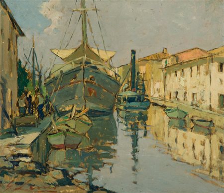Giovanni Lomi Darsena di Viareggio, 1930 c.a. Olio su tavola, cm. 21,5x24,5...