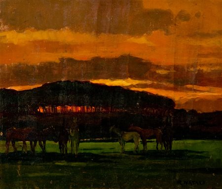 Renato Natali Tramonto Olio su tavola, cm. 28,5x33,5 Firmato in basso a...