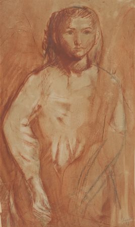 Bruno Saetti Figura, 1943 Sanguigna su carta applicata su cartoncino, cm....