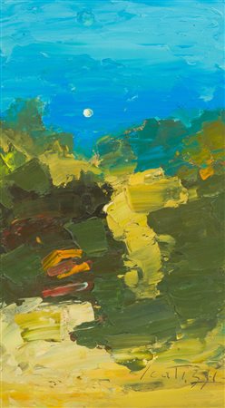Sergio Scatizzi Paesaggio con la luna, anni 2000 Olio su tavola, cm. 74,5x42...