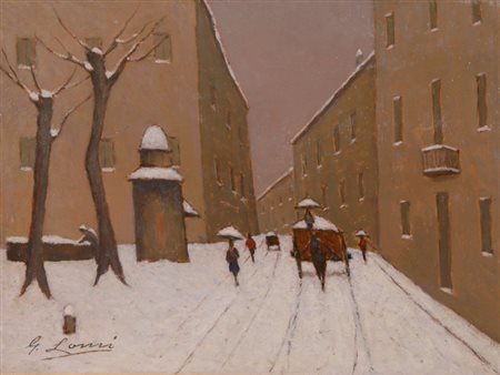 Giovanni Lomi Milano sotto la neve, 1956 Olio su faesite, cm. 30x40 Firmato...