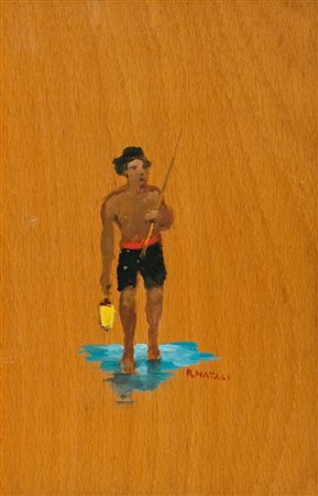 Renato Natali Pescatore a frignolo Olio su tavola, cm. 30x20 Firmato in basso...