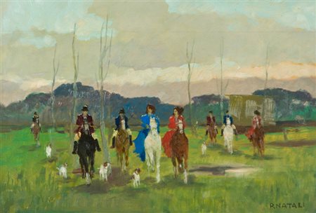 Renato Natali Caccia alla volpe Olio su tavola, cm. 35x50 Firmato in basso a...