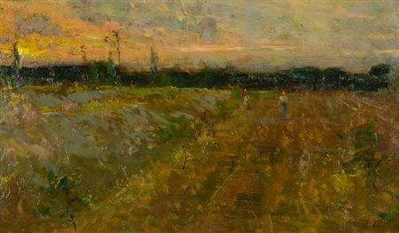 Francesco Gioli Paesaggio con figure Olio su tavola, cm. 33x55 Firmato in...