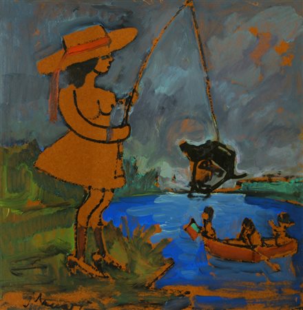 Mino Maccari La pesca al Cinquale, 1959 Olio su faesite, cm. 70x68 Firma e...
