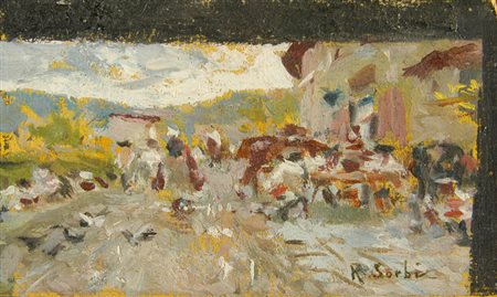 Raffaello Sorbi Osteria Olio su tavola, cm. 3,5x5,5 Firmato in basso a destra.