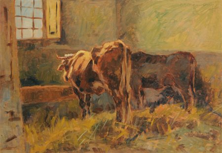 Carlo Domenici Alla mangiatoia, metà anni 20 Olio su tavola, cm. 34,4x49,8...