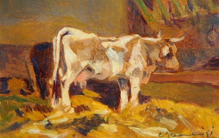 Carlo Domenici Mucca alla greppia, metà anni '20 Olio su tavola, cm....