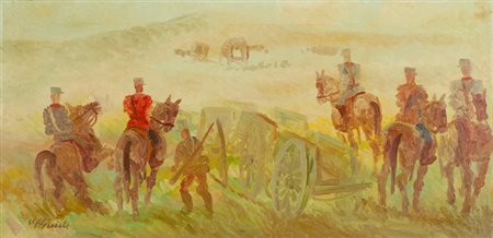 Guido Guidi Soldati a cvavallo Olio su tela, cm. 50x100 Firmato in basso a...