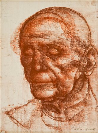 Pietro Annigoni Volto, fine anni '60 Sanguigna su carta riportata su tavola,...