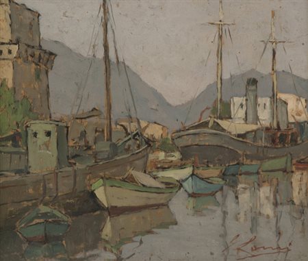 Giovanni Lomi Darsena di Viareggio Olio su tavola, cm. 21x25 Firmato in basso...