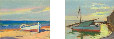 Cafiero Filippelli Dittico - "Barca sulla spiaggia", Olio su tavola, cm....