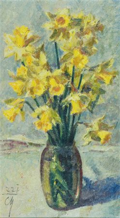 Corrado Michelozzi Vaso di fiori Olio su faesite, cm. 52x30,5 Firmato in...