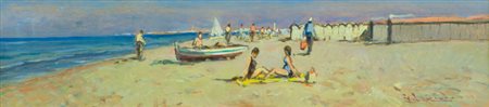 Giorgio Luxardo Spiaggia di Tirrenia Olio su tavola, cm. 14x57 Firmato in...