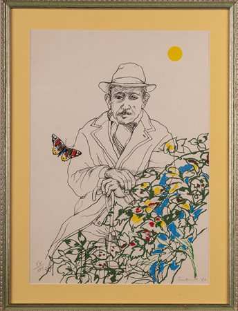 MARIO CAROTENUTO, Anziano con fiori e farfalla