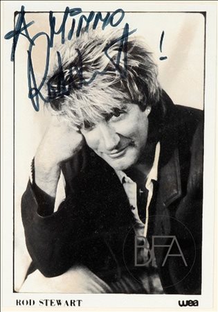  Portrait of Rod Stewart with autograph and dedication.
