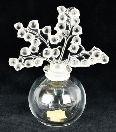 BOTTIGLIA DA PROFUNO LALIQUE in vetro con tappo a forma di rami di mughetto,...