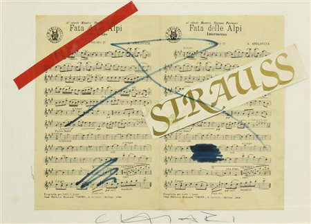 Giuseppe Chiari STRAUSS penna a feltro e collage su carta, cm 39,5x52 firma