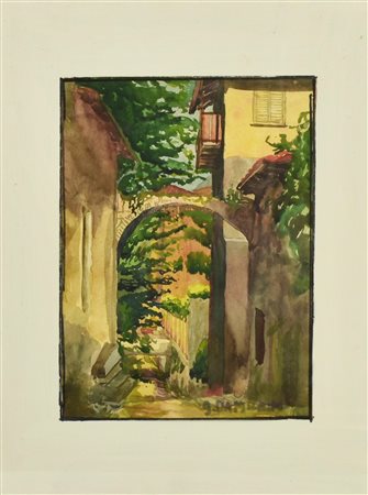 Giulio Da Milano BORGO AL TRAMONTO acquerello su carta, 23x16cm firma
