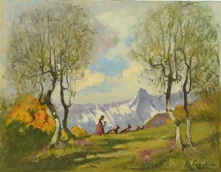 Mario Gachet AL PASCOLO olio su cartone, cm 50x60 circa